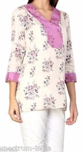 Adini 3/4" Sleeve Casual Floral Printed Soft Tunic in Purple and Cream Size L - Picture 1 of 4