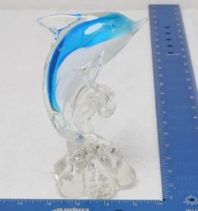 Art Glass Dolphin Figurine Blue/Clear with Blue Inside on a Wave. - Picture 1 of 7