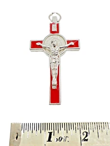 Katholisches Brustkreuz San Benito Hl. Benedikt silberfarben mit roter Emaille Italien - Bild 1 von 5