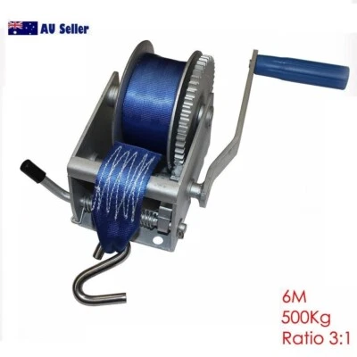 500Kg Hand Winch 6M Webbing Strap Shook Ratio 3:1 Boat Marine 1100LB Trailer HD - image 1 of 4