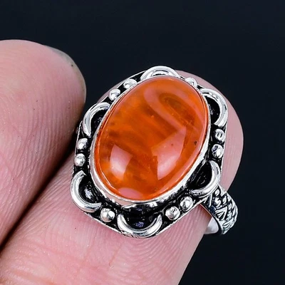Anillo hecho a mano enchapado en plata 925 de ágata de encaje naranja talla 7 de EE. UU. Foto 1 de 3