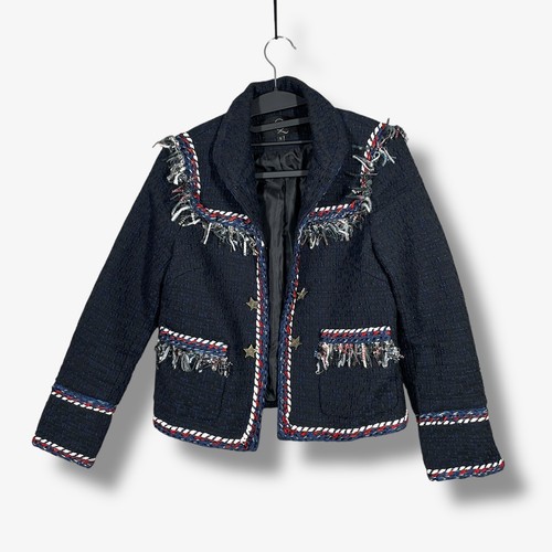 Giacca blazer Alexander McQueen tweed donna S blu frange designer chic testurizzato