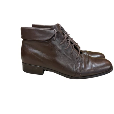 Botas de tornozelo vintage anos 90 couro marrom com cadarço vovó pradaria boho 10M em excelente estado usado - Imagem 1 de 4