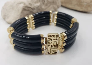 Oriental Good Luck and Long Life -Black Onyx tubular Bracelet 14KT size 7" - Picture 1 of 11