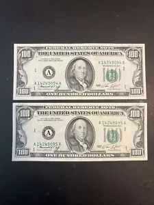 Two Sequential $100 bills - Series 1974 (Very Lightly Circulated) - Picture 1 of 2