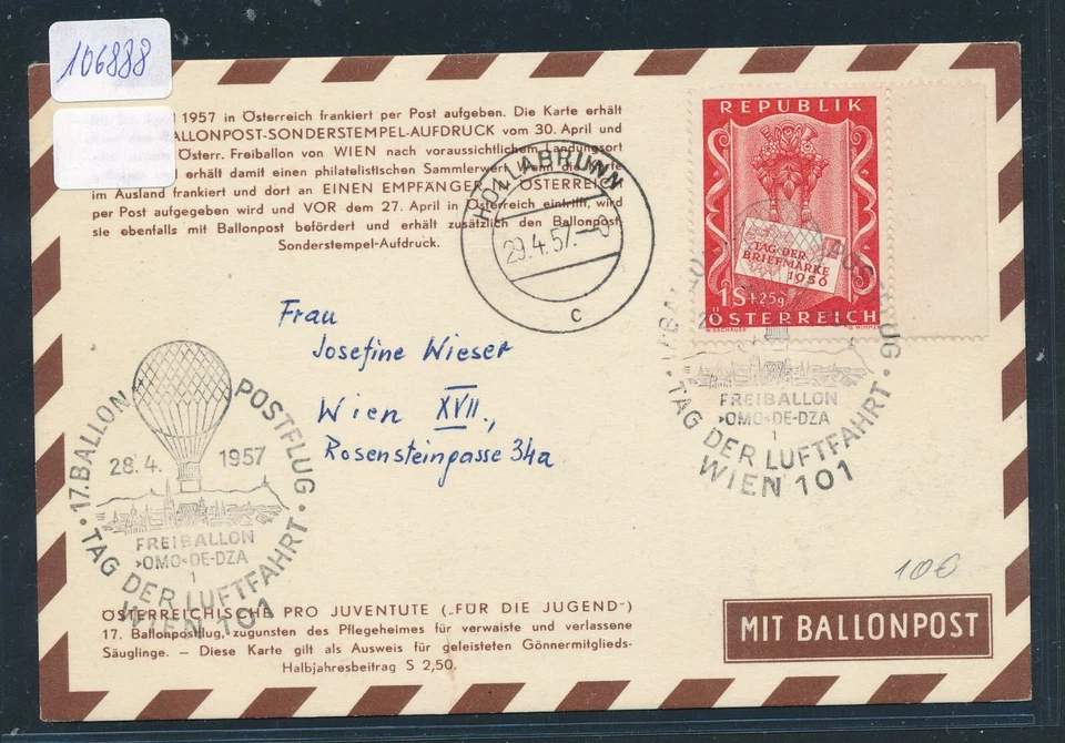 106888) Österreich Ballonpost RBF 17 Wien 1957, Karte  EF Tag der Briefmarke - Bild 1 von 1