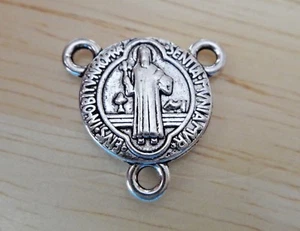16mm Silver Pewter round Rosary Center w/ Saint San Benito Benedict Cross Charm - Picture 1 of 4