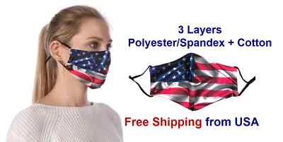 USA US American Flag Face Mask Fashion Print High Quality Reusable Filter Pocket - Image 1 of 4