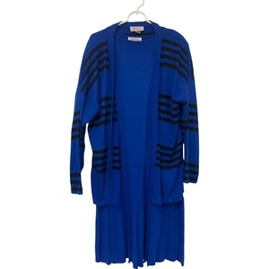 Cardigan maglione plissettato vestito set maglia blu medio righe vintage anni 70 - Foto 1 di 21