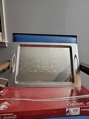 Stainless Steel Metal Tea Tray Storage Tray Fruit Tray with handle Home Decor.  - Image 1 of 4