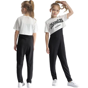Kids Girls Crop Top And Leotards Set Active T-shirt With Jumpsuit Jogging Jazz - Picture 1 of 19