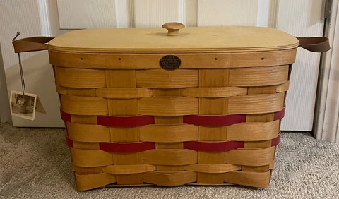 Large Retired Vtg Peterboro Basket Appalachian White Ash Red Leather Lid Picnic Cover