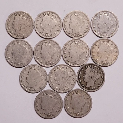 $  .05 1900-1912 Liberty "V" Nickels Complete Short Set 13 Nickels Cover