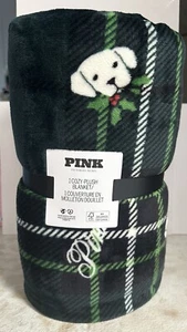 Victorias Secret Plush Sherpa Cozy Fleece Throw Blanket Green Plaid Dog 2024 New - Picture 1 of 7