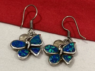 HAVANA 925 Sterling Silver SIMULATED OPAL BUTTERFLY Dangle Drop Earrings Signed - Image 1 of 4