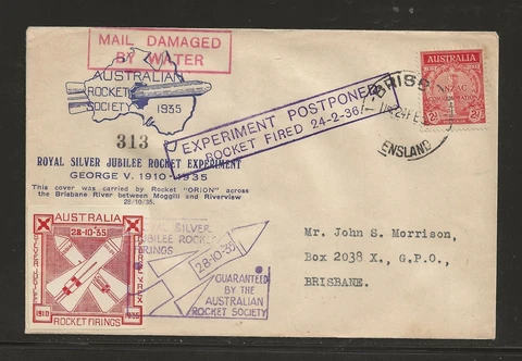 1936 AUSTRALIA rocket mail CRASH cover - Orion SILVER JUBILEE - EZ 5C1 Cover