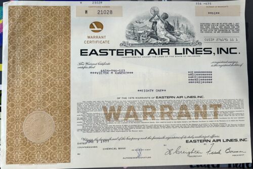 Vintage Stock Warrant Certificate: Eastern Air Lines, Inc Airline Aviation 1977