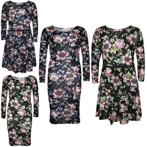 Niños Niñas Vestido Patinador Floral Negro Estampado Fiesta Moda Vestidos Midi 7-13 Años Foto 1 de 1