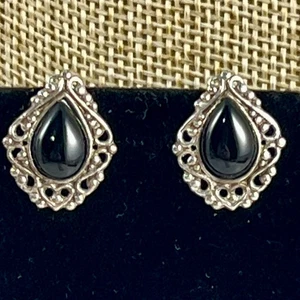 .925 Silver Filigree Black Onyx Teardrop Stud Pierced Earrings - Picture 1 of 5
