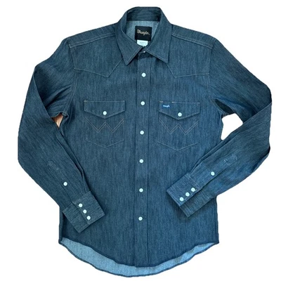 Camisa a Presión Wrangler Denim Perla Para Hombres Pequeña Azul Oscuro Western Rancher Vaquero Foto 1 de 4