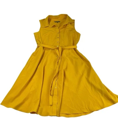 Sharagano Yellow Sleeveless Button Front Fit Flare Dress Size 12 Belted Midi - Image 1 of 4