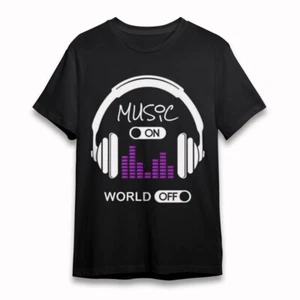 Camiseta clásica para mujer talla grande Music On World Off auriculares camiseta gráfica EE. UU. - Imagen 1 de 6