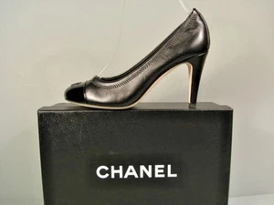 CHANEL CLASSIC GATHERED BLACK LAMBSKIN PATENT ROUND TOE PUMPS HEELS CC 36.5 NEW - Picture 1 of 12