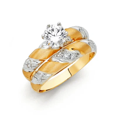 Anillo conjunto trío anillo alianza oro amarillo blanco real circonita cúbica solitario redondo su boda Foto 1 de 2