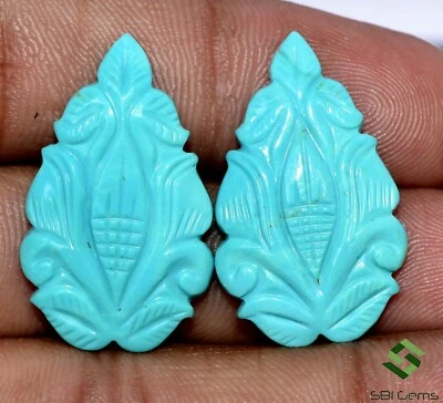 28x17 mm Certified Natural Turquoise Handmade Carving Pair 21.24 Cts Gemstones - Image 1 of 4