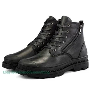 Men Lace Up Side Zip Motorcycle Ankle Boots Outdoor Hiking Comfort Leather Shoes - Picture 1 of 16