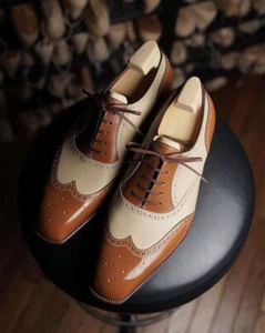 Custom made Men's Spectator Wingtip Tan & Cream Cowhide Leather Dress Man Shoes - Picture 1 of 9
