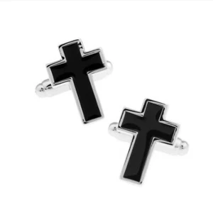 Black Cross Cufflinks Silver and Black Steel NEW Faith Religious - Picture 1 of 4