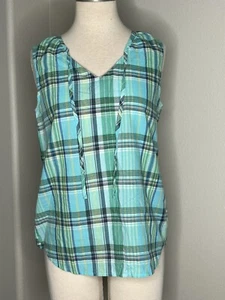 LAND'S END LADIES SLEEVELESS PLAID POPOVER TOP SIZE 4 NWT Front Tie Shell Madras - Picture 1 of 5