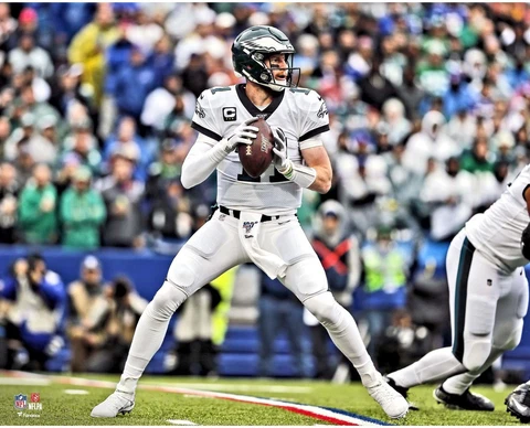 Carson Wentz Philadelphia Eagles Unsigned White Jersey Throwing 16" x 20" Photo Cover