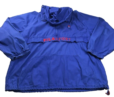 VTG FILA Sport Mens Hooded Pullover Jacket Sz L Blue Logo 1/4 Zip Long Sleeve - Image 1 of 4