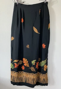 Vintage Intriguing Threads Petites 6P Black Fall Leaf Motif w/Elephants Skirt - Picture 1 of 9