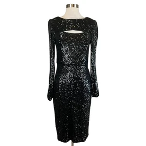 AQUA Women's Cocktail Dress Size 6 Black Sequined Long Sleeve Cut Out Sheath - Picture 1 of 11