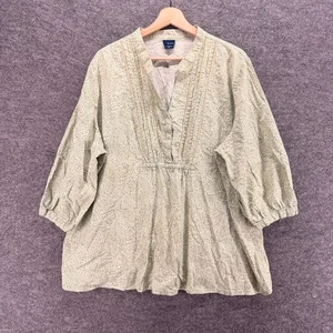 Basic Editions Blouse Women 2X Plus Beige Geometric V-Neck Long Sleeve Cotton - Picture 1 of 8