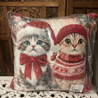 Cat Christmas Deluxe Pillow 17x17 Tassel Textured Cushion Generously Filled NEW - Image 1 of 4
