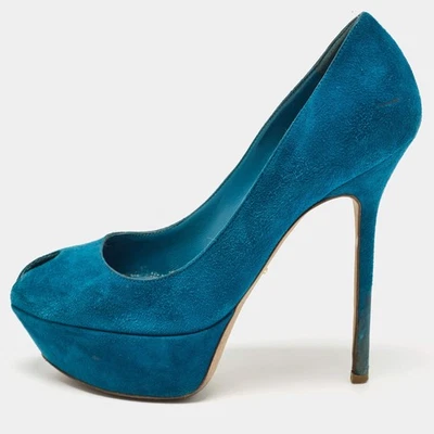 Sergio Rossi Blue Suede Peep Toe Platform Pumps Size 375 - Photo 1/4