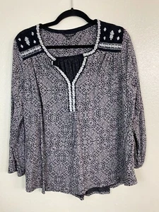 Top bordado negro blanco Lucky Brand talla grande 1X Boho campesino manga larga - Imagen 1 de 15