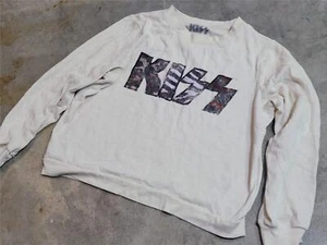 Used Kiss Band Icon Logo Beige White Sweater Kid Youth size L - Picture 1 of 2