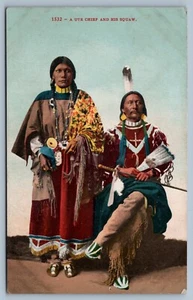 Postcard UTE Chief and his Squaw Indian  c1908 - Picture 1 of 2