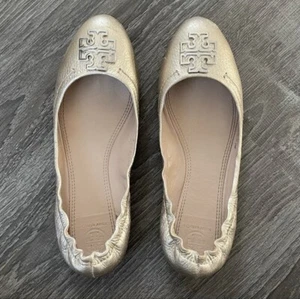 Tory Burch Genuine Leather Slip On Shoes Flats Womens Size 8 Logo Ballet - Picture 1 of 9