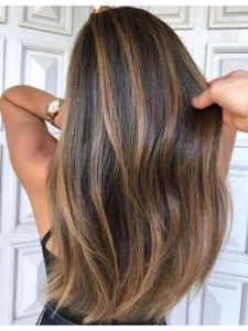 20" Brown with Blonde Highlight 13x4 Lace Front Wigs Human Hair Wig Pre Plucked - Picture 1 of 4