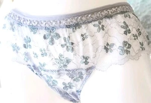 Victorias secret L Rare Vintage Silver 🍑 Shine Metalic Blue Thong Panty Floral  - Picture 1 of 3