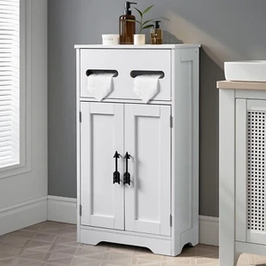 Wooden Bathroom Floor Cabinet Storage Cupboard with Paper Towel Holder Kitchen - Picture 1 of 16