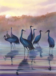 original painting 30 x 40 cm 87DM artwork modern watercolor herons at sunset - Picture 1 of 4