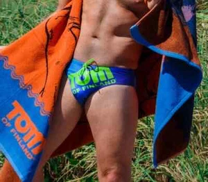 TOM OF FINLAND BLUE SWIMWEAR MANS SWIM BRIEFS SWIMMING TRUNKS GAY CULTURE LGBT - Picture 1 of 9