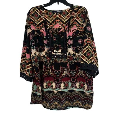 Túnica Denim 24/7 Boho Gauzy Crepe Top Espalda Rosa Patrón Mixto Crochet 16W Foto 1 de 4